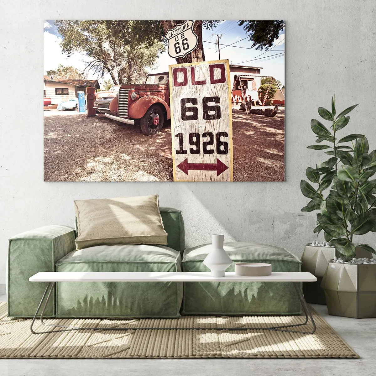 Quadro em vidro - Placa antiga e retrô da Rota 66 - 70x50cm - A lenda de uma província americana - Decoração de parede moderna para a sala de estar e quarto ARTTOR