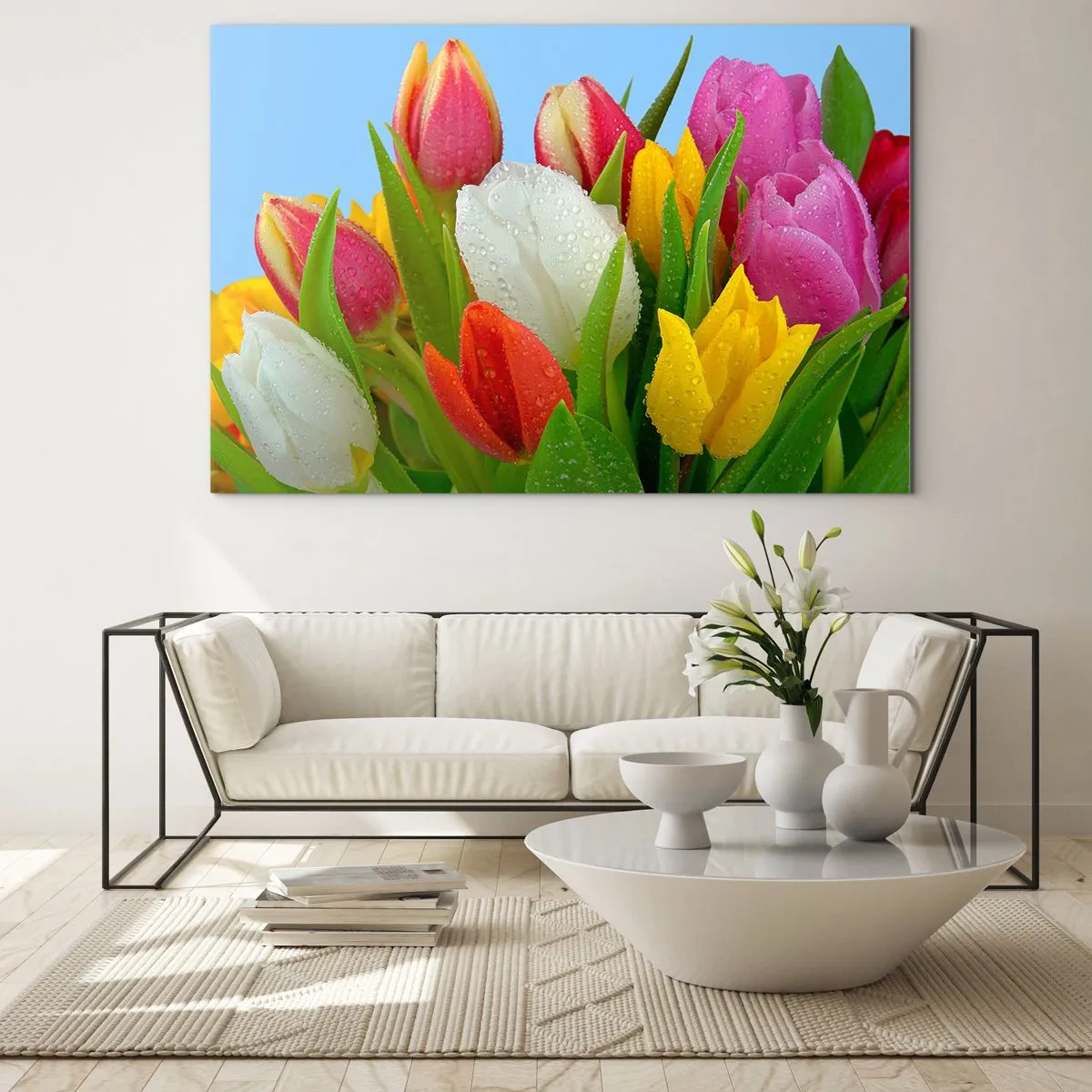 Quadro em vidro - Arco-íris floral em gotas de orvalho - 120x80 cm