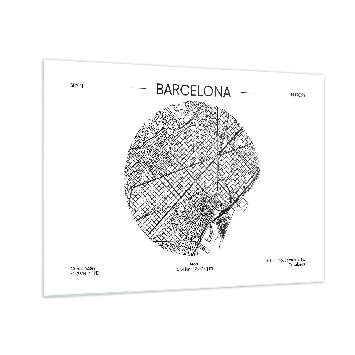 Quadro em vidro - Um mapa minimalista de Barcelona com uma estética em preto e branco - 70x50cm - Anatomia de Barcelona - Decoração de parede moderna para a sala de estar e quarto ARTTOR