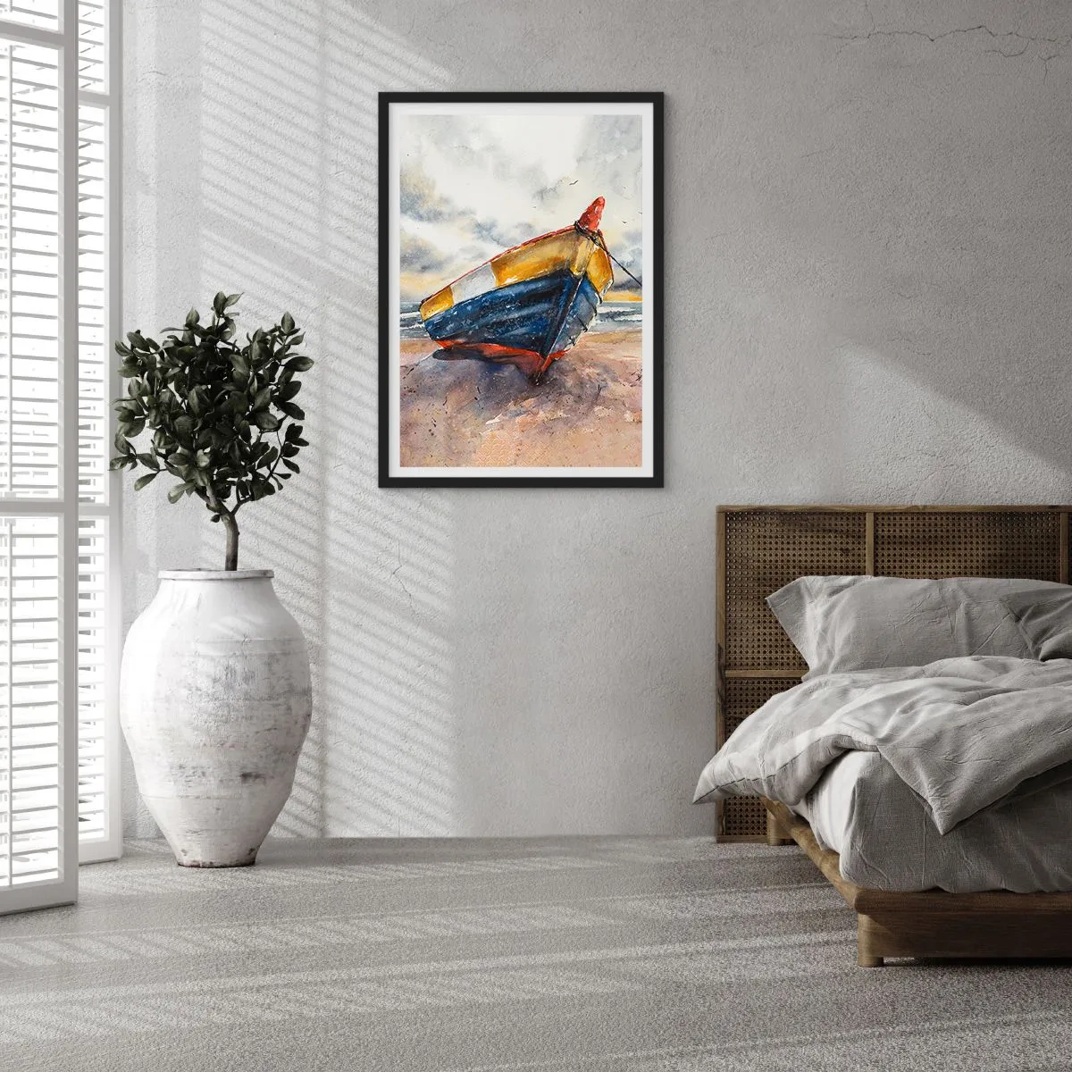 Pôster com moldura preta - Barco em aquarela na praia ao pôr do sol - 50x70cm - Descanse na costa - Decoração de parede moderna para a sala de estar e quarto ARTTOR