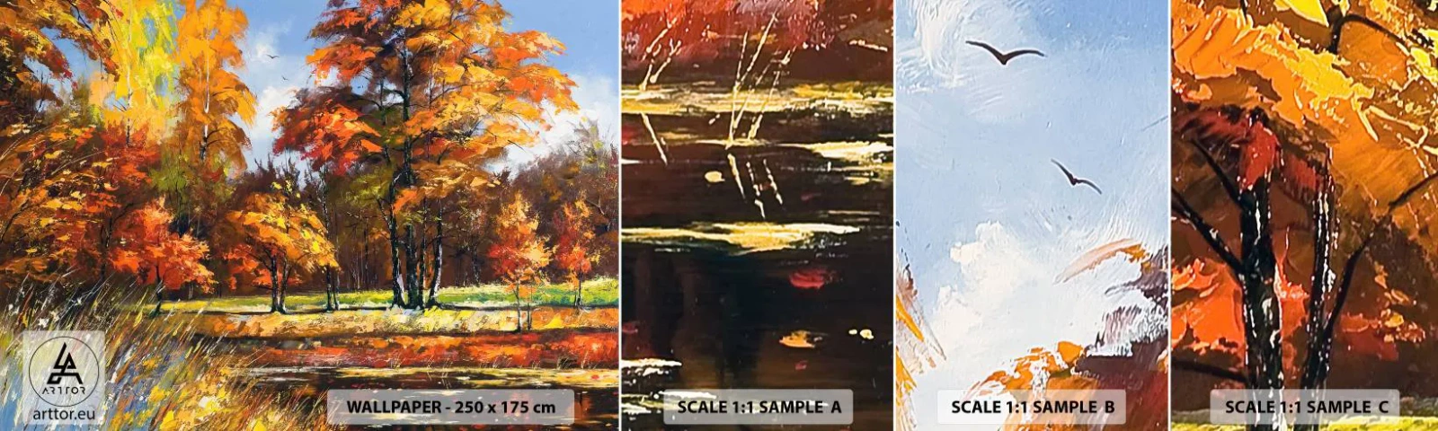 Amostra de papel de parede autocolante Deluxe Sticker - Paisagem em ouro e bronze - Paisagem, Floresta, Impressionismo - 100x30 cm