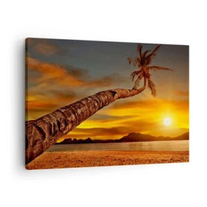 Quadro em tela - Palmeira na praia ao pôr do sol com vista para o mar - 70x50cm - Férias exóticas, aventura caribenha - Decoração de parede moderna para a sala de estar e quarto ARTTOR