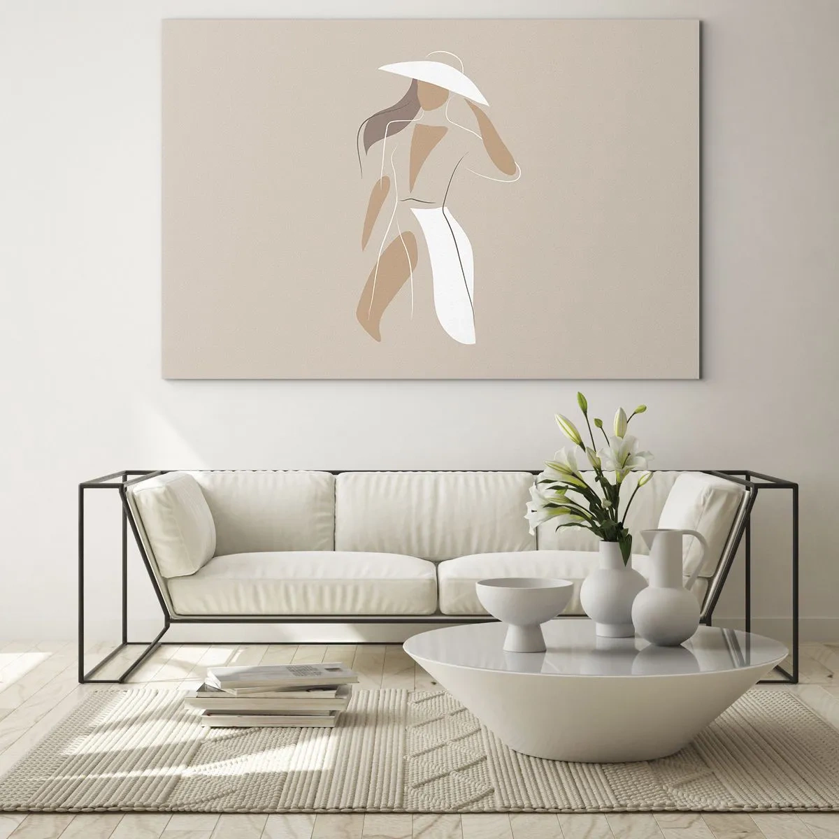 Quadro em vidro - Figura estilizada de uma mulher com um chapéu branco - 70x50cm - A moda é diversão - Decoração de parede moderna para a sala de estar e quarto ARTTOR