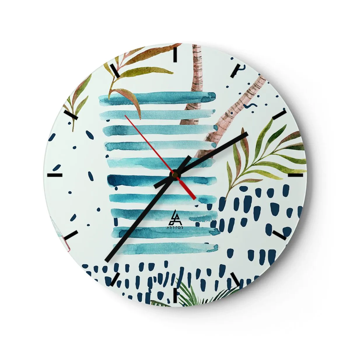 Relógio de parede - Relógio em vidro - Palmeiras abstratas e padrões azuis - 30x30cm - Férias sob as palmeiras - Decoração de parede moderna para a sala de estar, cozinha e quarto ARTTOR