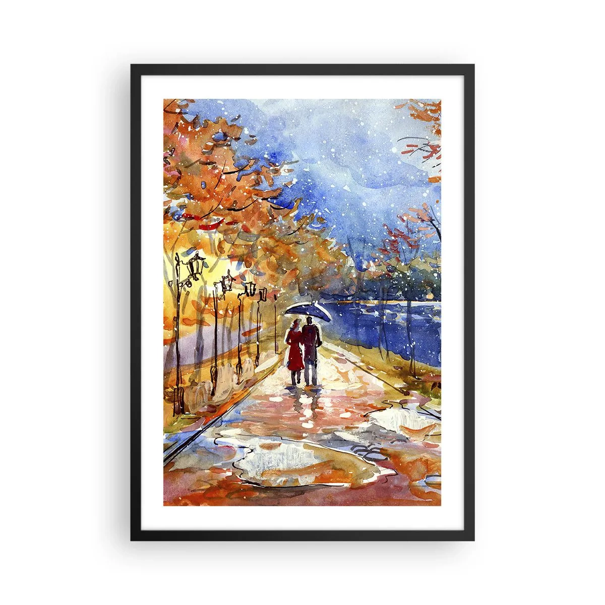 Pôster com moldura preta - Um passeio na chuva entre as cores do outono - 50x70cm - Juntos até ao limite do tempo - Decoração de parede moderna para a sala de estar e quarto ARTTOR