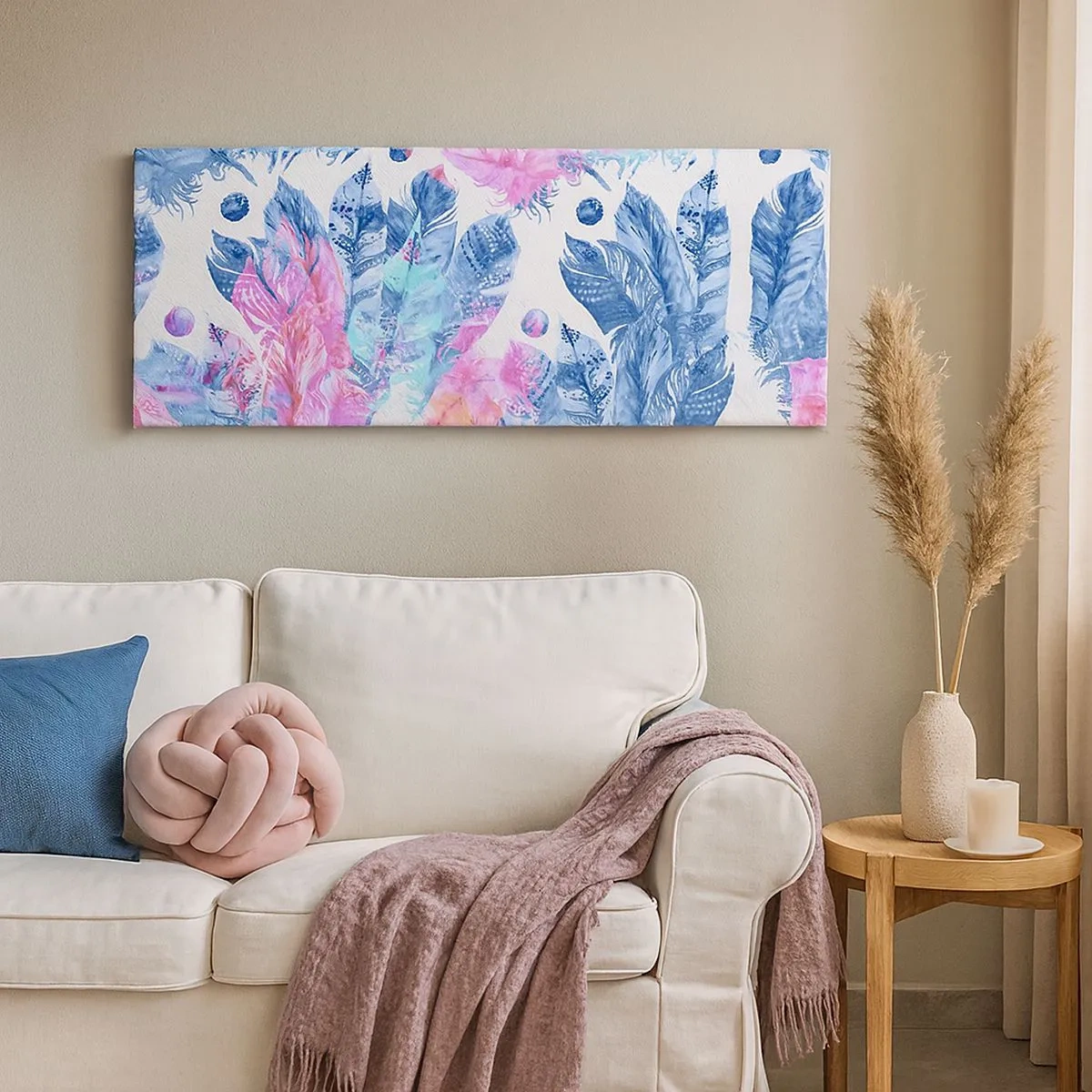 Quadro em tela - Plumas em rosa e azul - 100x40 cm