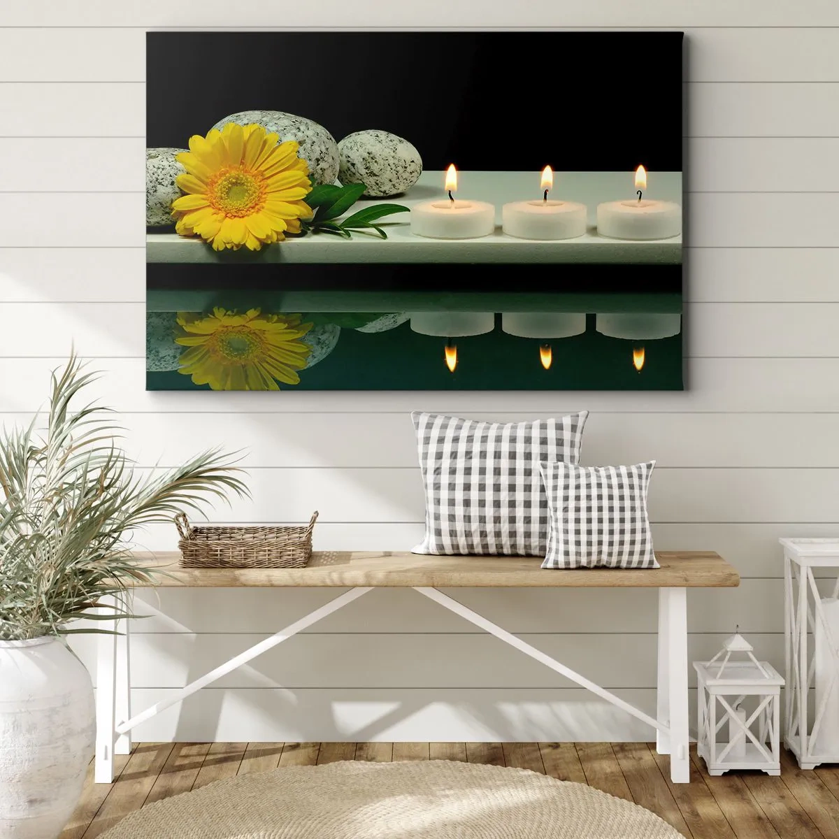 Quadro em tela - Flor amarela, velas e pedras contra o fundo da água - 70x50cm - Acalmando os sentidos - Decoração de parede moderna para a sala de estar e quarto ARTTOR