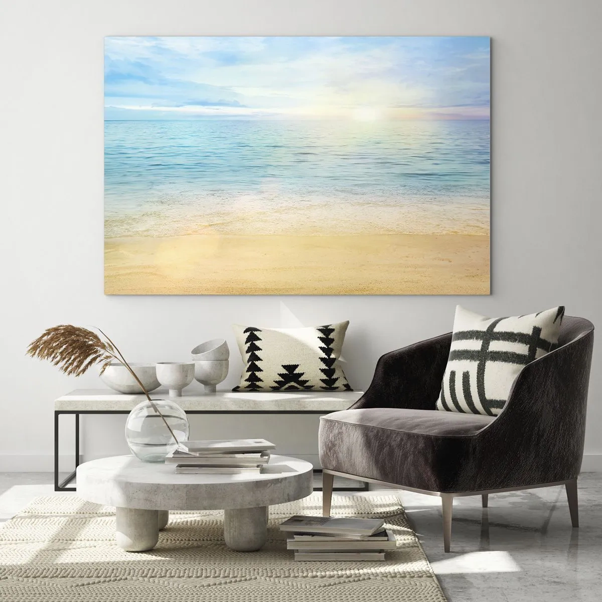 Quadro em vidro - Uma praia ensolarada com mar e céu azuis - 70x50cm - Grande azul - Decoração de parede moderna para a sala de estar e quarto ARTTOR