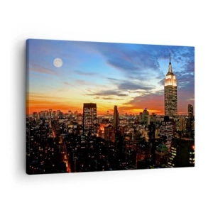 Quadro em tela - Panorama da cidade com arranha-céus iluminados ao entardecer - 70x50cm - Noite Brilhante Americana - Decoração de parede moderna para a sala de estar e quarto ARTTOR