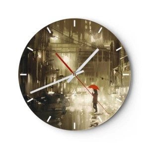 Relógio de parede - Relógio em vidro - Uma figura com um guarda-chuva vermelho em uma rua molhada - 30x30cm - Sozinha, mas não solitária - Decoração de parede moderna para a sala de estar, cozinha e quarto ARTTOR