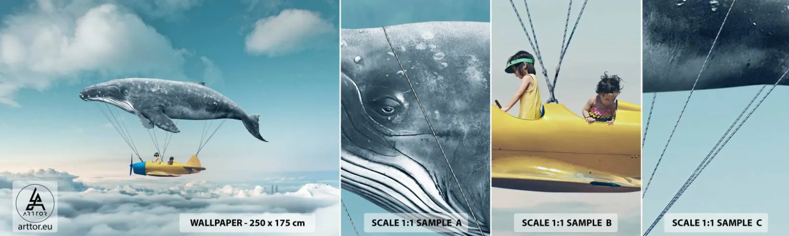 Amostra de Papel de Parede Standard Eco - Por que não? - Baleia, Crianças, Avião - 100x30 cm