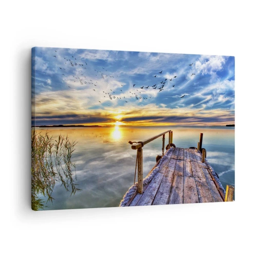 Quadro em tela - Cais de madeira sobre o lago ao pôr do sol - 70x50cm - O vento descansa - Decoração de parede moderna para a sala de estar e quarto ARTTOR