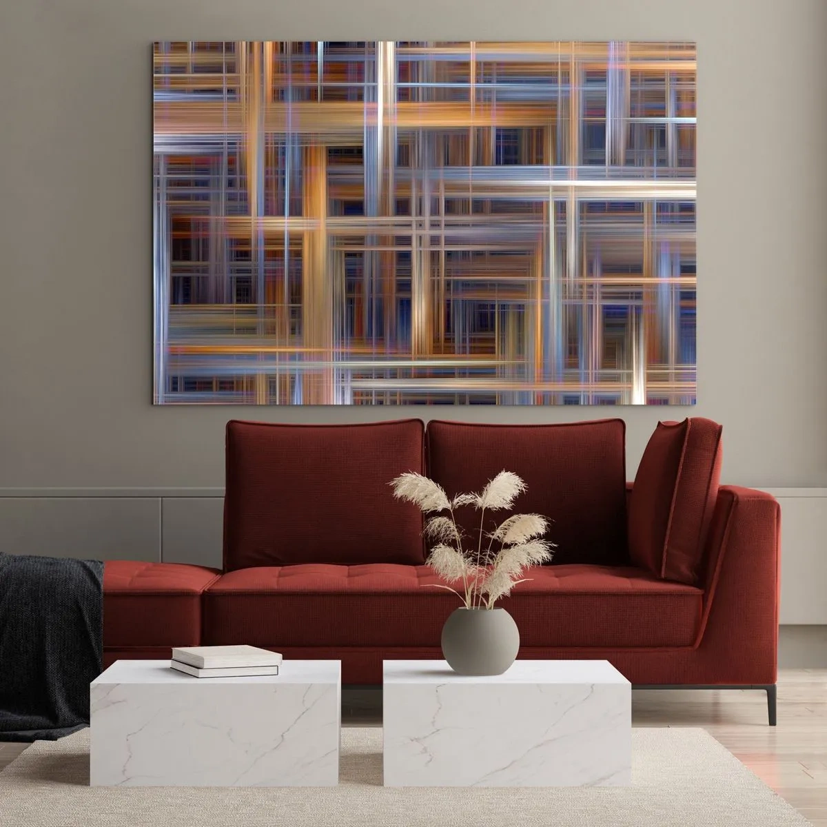 Quadro em vidro - Padrão geométrico de linhas e cores em estilo abstrato - 70x50cm - Tecido de luz - Decoração de parede moderna para a sala de estar e quarto ARTTOR