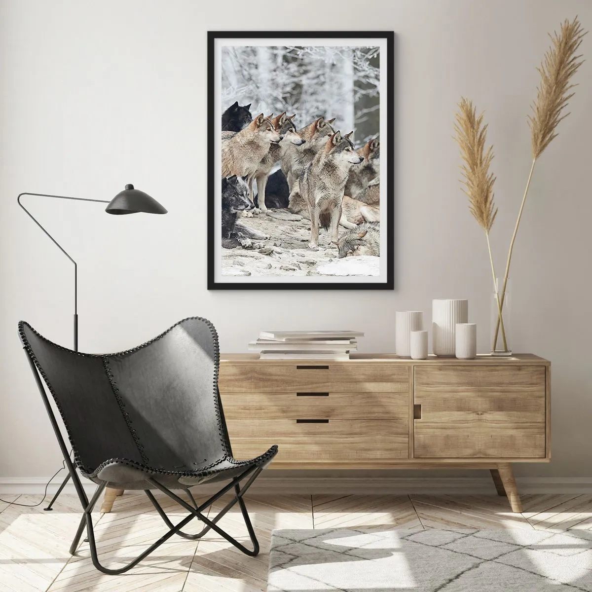 Pôster com moldura preta - Um grupo de lobos na floresta de inverno - 50x70cm - Família e amigos - Decoração de parede moderna para a sala de estar e quarto ARTTOR
