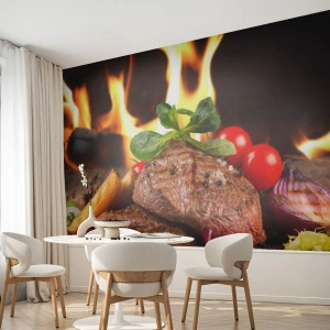 Papel de Parede Autocolante Deluxe Sticker - Feito com brasas - Gastronomia, bife, Chamas de Fogo - 100x70 cm