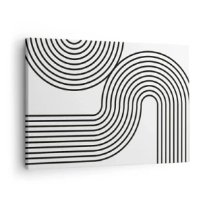 Quadro em tela - Uma pintura abstrata com linhas pretas criando padrões geométricos em um fundo branco. - 70x50cm - Na curva - Decoração de parede moderna para a sala de estar e quarto ARTTOR