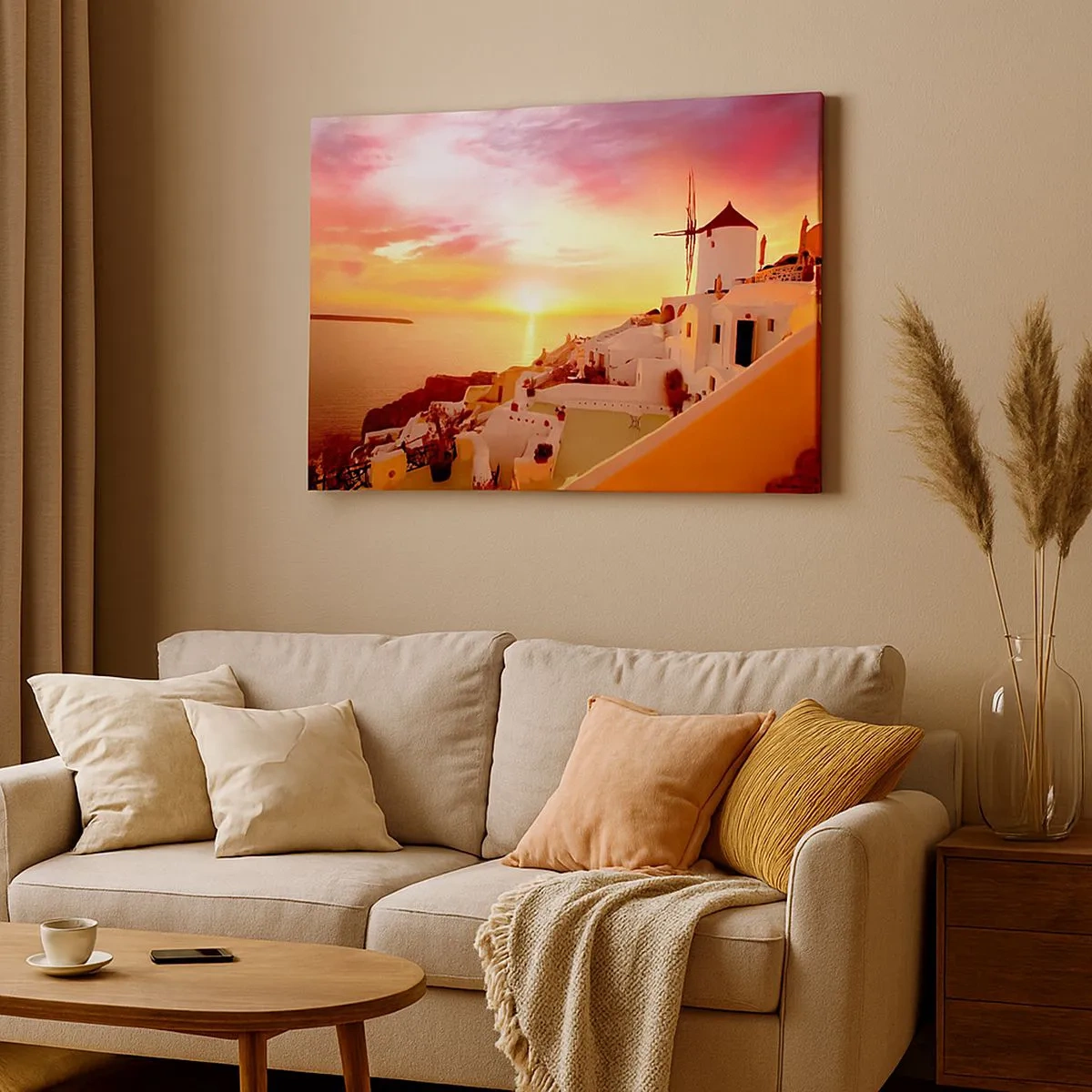 Quadro em tela - Santorini ao pôr do sol com um moinho de vento - 70x50cm - Derreter em branco e ouro - Decoração de parede moderna para a sala de estar e quarto ARTTOR
