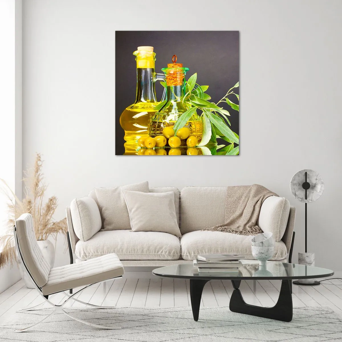 Quadro em vidro - Natureza morta com azeitonas e azeite - 30x30 cm