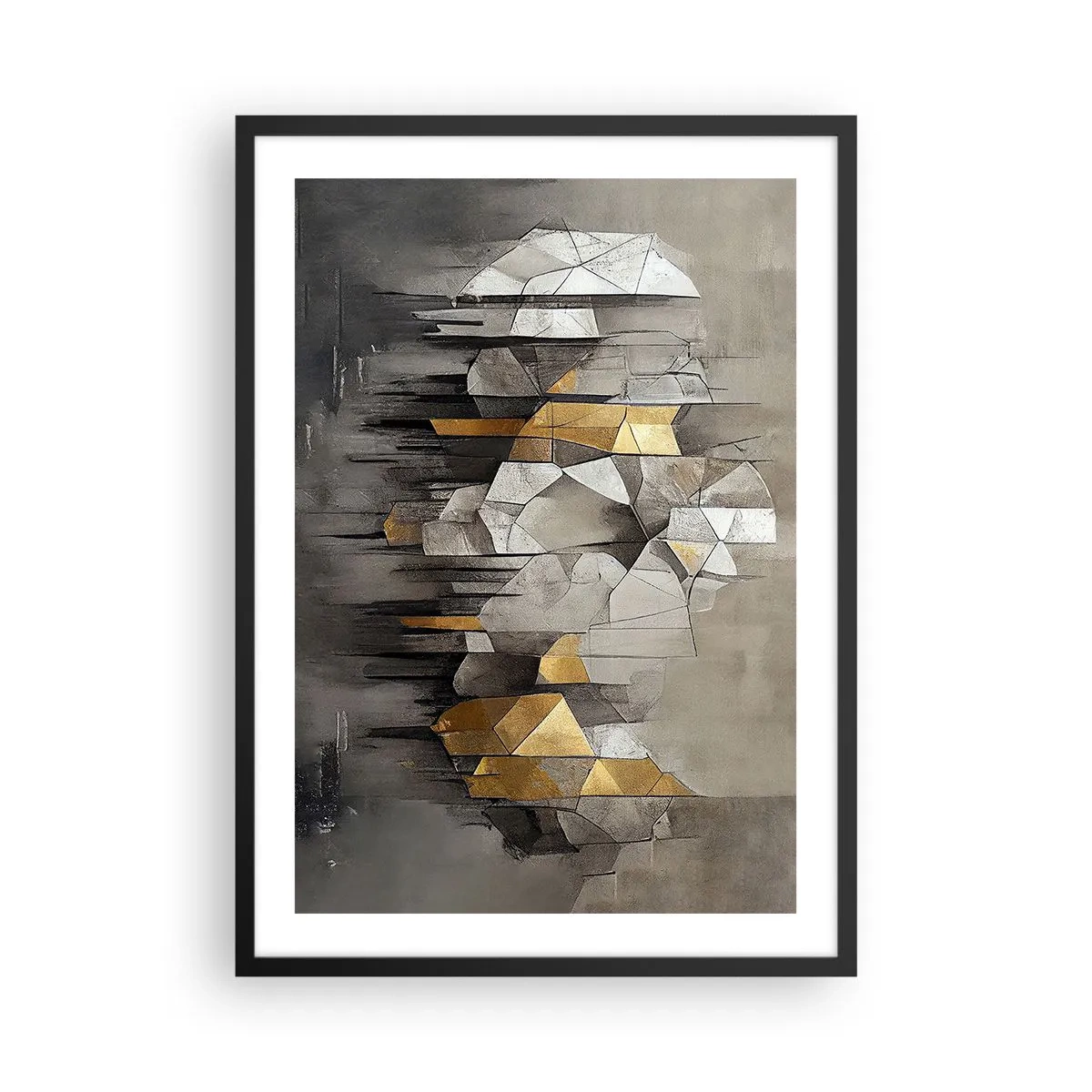 Pôster com moldura preta - Abstração geométrica em tons de cinza e dourado - 50x70cm - Composição de gelo e luz - Decoração de parede moderna para a sala de estar e quarto ARTTOR