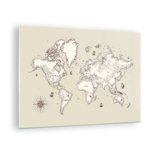 Quadro em vidro - Um mapa-múndi estilizado em uma versão clássica - 70x50cm - Uma viagem à volta do mundo - Decoração de parede moderna para a sala de estar e quarto ARTTOR