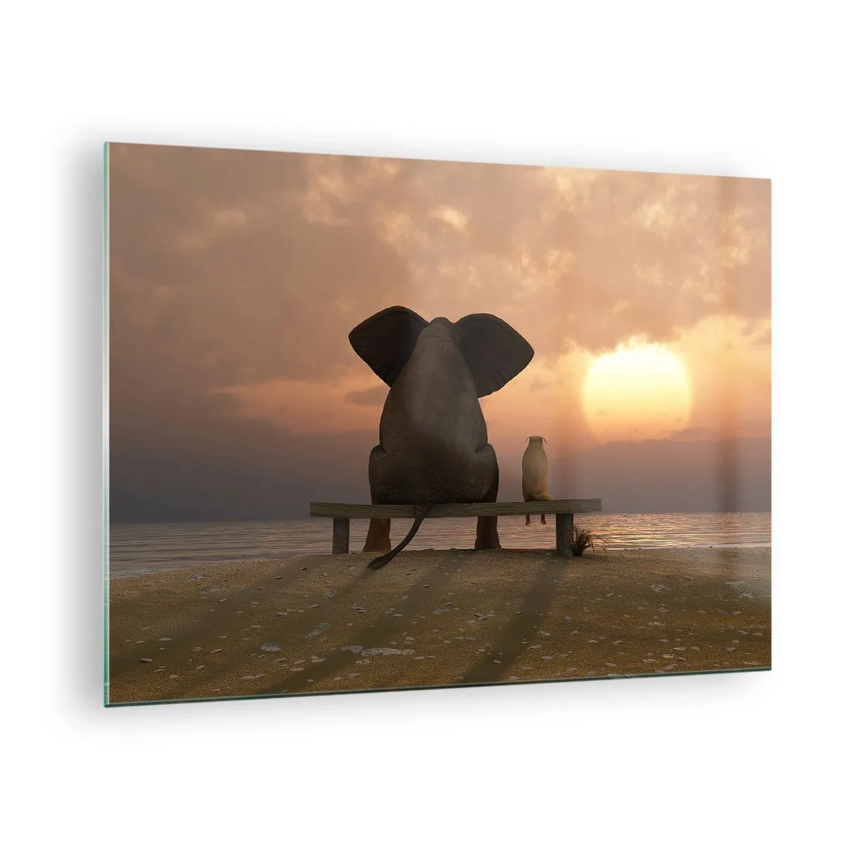 Quadro em vidro - Elefante e cachorro em um banco ao pôr do sol - 70x50cm - Como é bom ficarmos em silêncio juntos - Decoração de parede moderna para a sala de estar e quarto ARTTOR