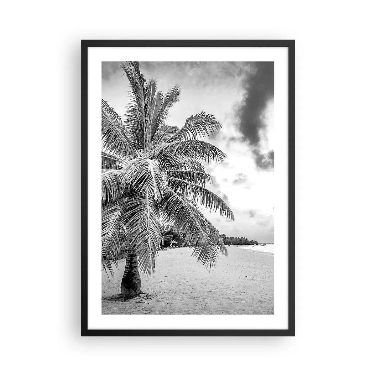 Pôster com moldura preta - Uma palmeira preta e branca em uma praia vazia sob um céu nublado. - 50x70cm - Quando anseia por solidão... - Decoração de parede moderna para a sala de estar e quarto ARTTOR