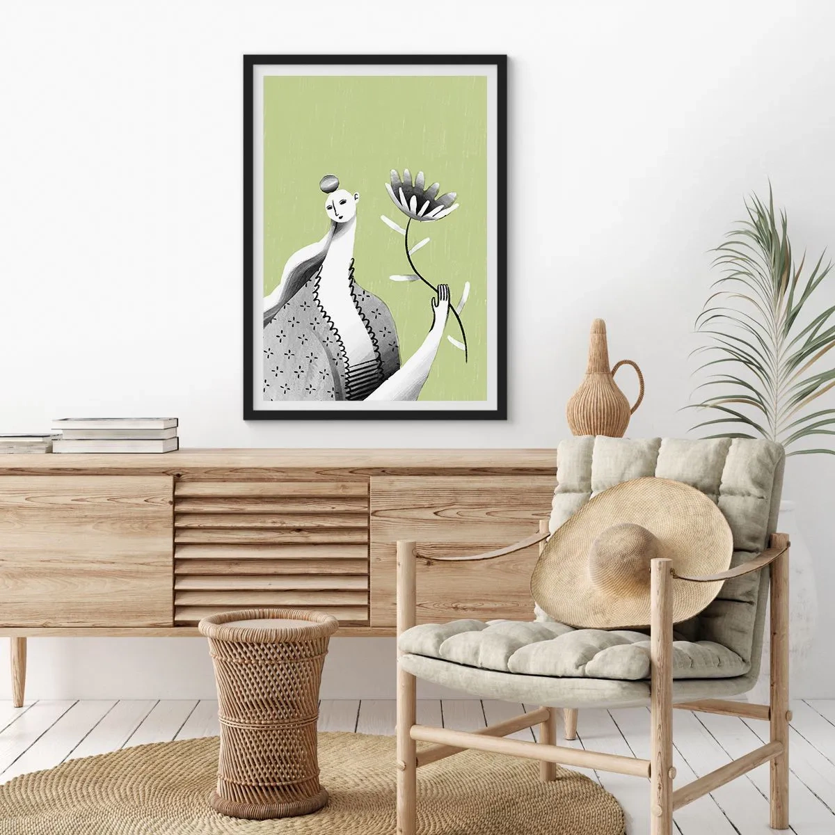 Pôster com moldura preta - Mulher minimalista segurando uma flor em um fundo verde - 50x70cm - Retrato modernista – segurando uma flor - Decoração de parede moderna para a sala de estar e quarto ARTTOR