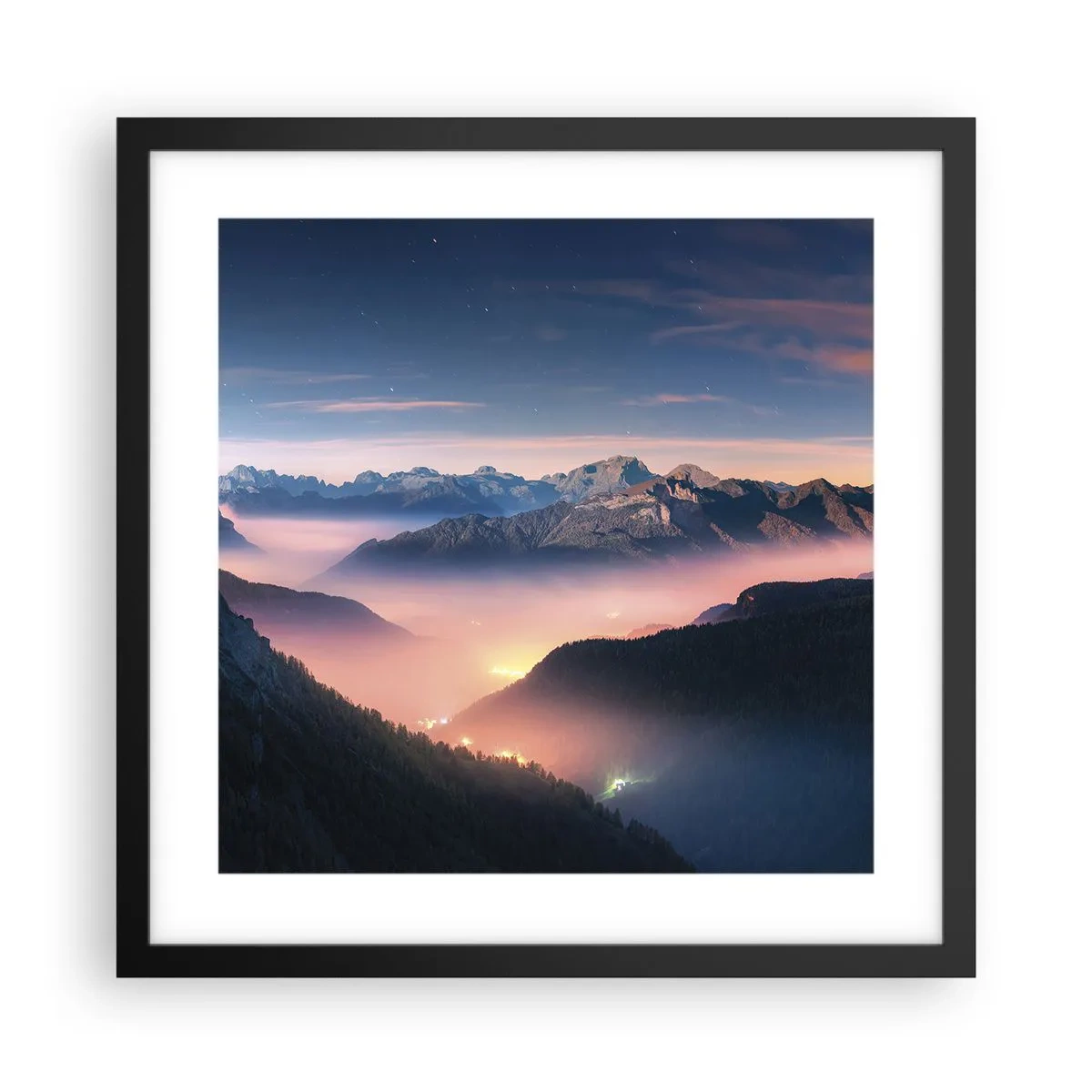 Pôster com moldura preta - Luz nos vales - 40x40 cm