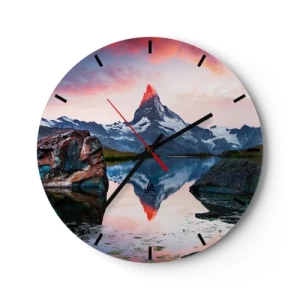 Relógio de parede - Relógio em vidro - O Matterhorn refletido em um lago calmo ao pôr do sol - 30x30cm - O coração das montanhas é quente - Decoração de parede moderna para a sala de estar, cozinha e quarto ARTTOR