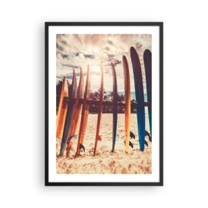 Pôster com moldura preta - Pranchas de surfe coloridas com uma praia e palmeiras ao fundo - 50x70cm - Boa noite, até amanhã - Decoração de parede moderna para a sala de estar e quarto ARTTOR