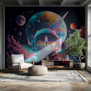 Papel de Parede Standard Eco - Um astronauta no espaço com uma paisagem surreal refletida em seu visor. - 100x70cm - Os filósofos não sonharam com isso - Decoração de parede moderna para a sala de estar e quarto ARTTOR