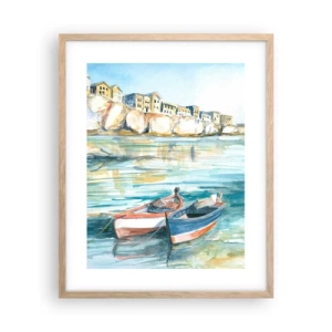 Pôster com moldura de carvalho claro - Paisagem em azul - 40x50 cm