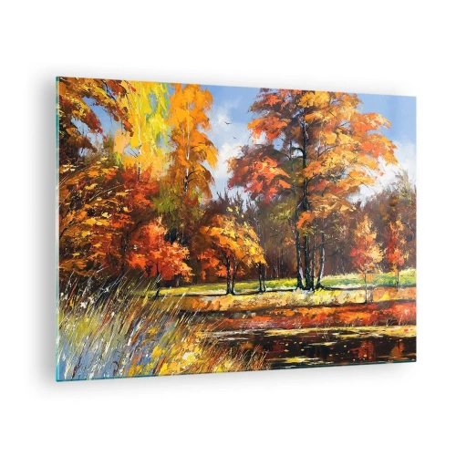 Quadro em vidro - Paisagem de outono com árvores e reflexo na água - 70x50cm - Paisagem em ouro e bronze - Decoração de parede moderna para a sala de estar e quarto ARTTOR