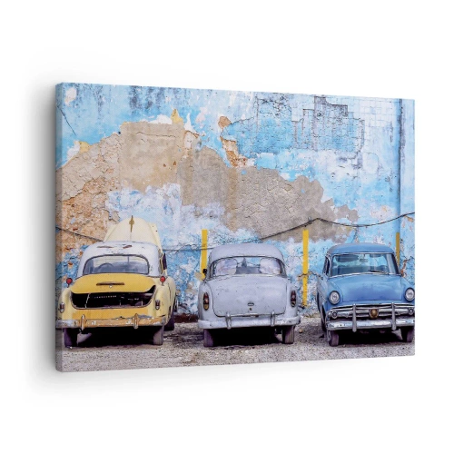 Quadro em tela - Carros antigos tendo como pano de fundo uma parede destruída - 70x50cm - Encontro de Veteranos - Decoração de parede moderna para a sala de estar e quarto ARTTOR