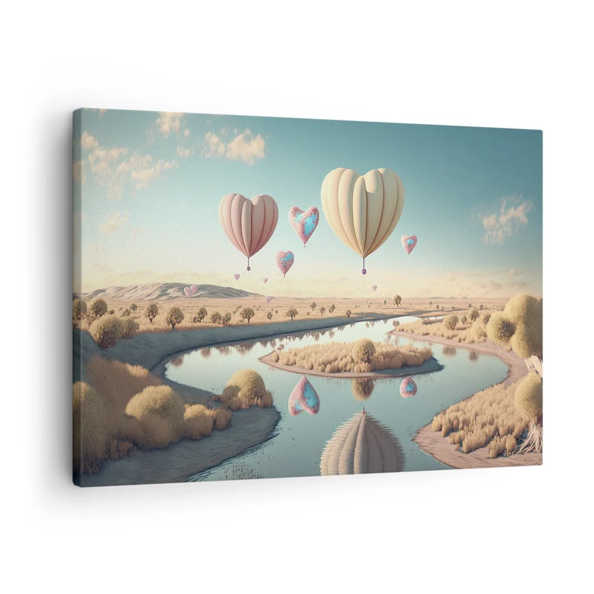 Quadro em tela - Balões em forma de coração flutuando sobre a paisagem - 70x50cm - O amor permite se reerguer - Decoração de parede moderna para a sala de estar e quarto ARTTOR