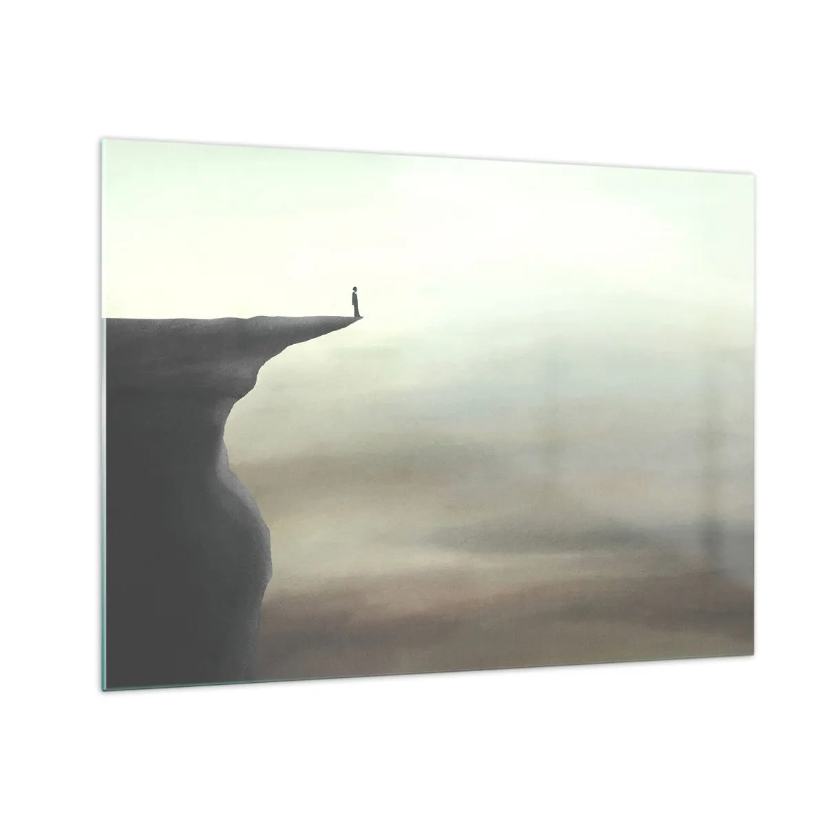Quadro em vidro - Silhueta de uma pessoa em pé na beira de um penhasco acima da neblina - 70x50cm - Para cima, é claro! - Decoração de parede moderna para a sala de estar e quarto ARTTOR