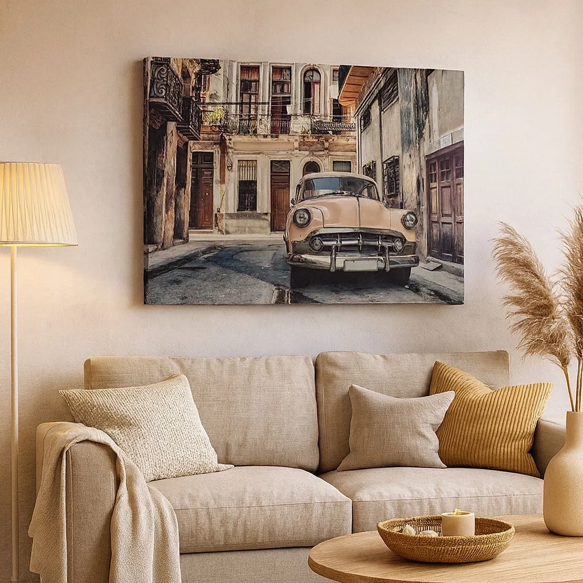 Quadro em tela - Um carro clássico tendo como pano de fundo a arquitetura urbana - 70x50cm - Siesta em Havana - Decoração de parede moderna para a sala de estar e quarto ARTTOR