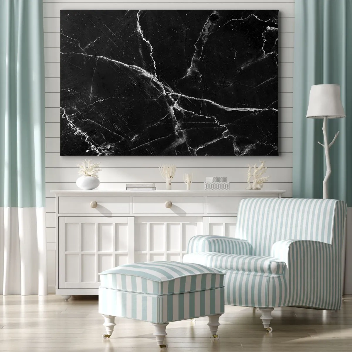 Quadro em tela - Mármore preto com veios brancos no detalhe - 70x50cm - A vida secreta da pedra - Decoração de parede moderna para a sala de estar e quarto ARTTOR