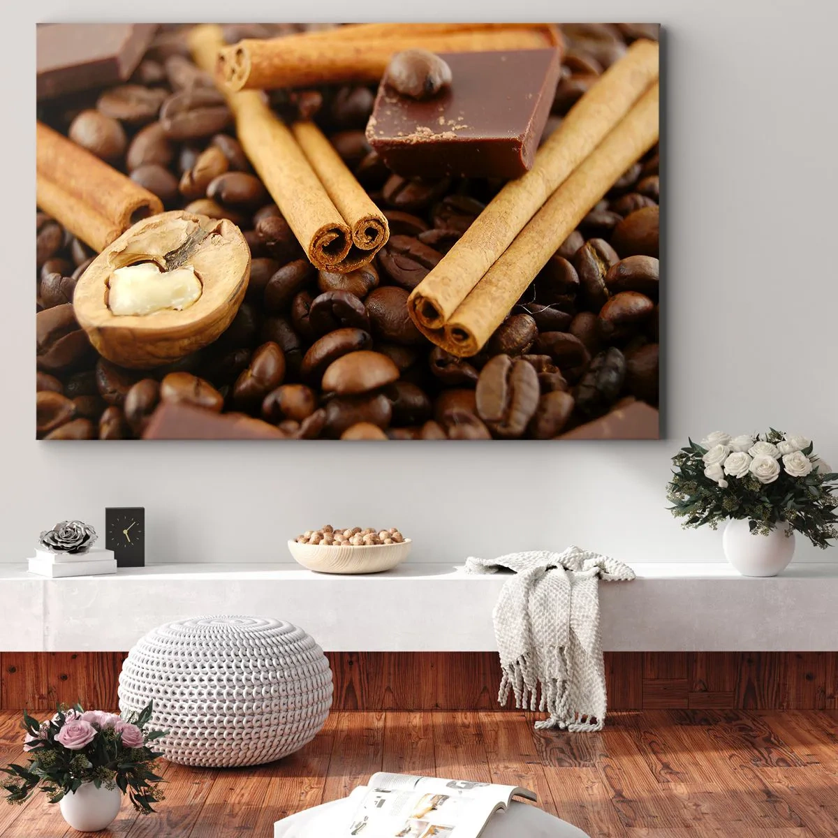 Quadro em tela - Grãos de café com paus de canela, chocolate e nozes. - 70x50cm - Concerto de aromas - Decoração de parede moderna para a sala de estar e quarto ARTTOR