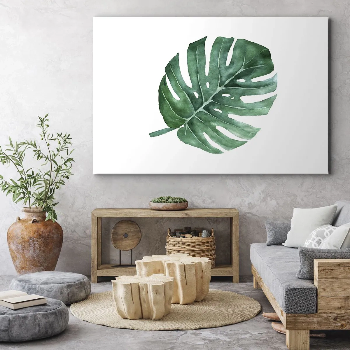 Quadro em tela - Folha de monstera verde em estilo minimalista - 70x50cm - Conceito verde - Decoração de parede moderna para a sala de estar e quarto ARTTOR