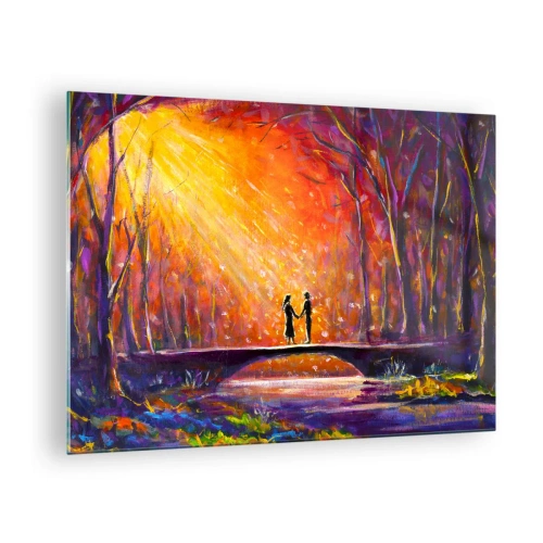 Quadro em vidro - Um casal em uma ponte sob a luz do pôr do sol, cercado por árvores. - 70x50cm - O céu também os ama - Decoração de parede moderna para a sala de estar e quarto ARTTOR