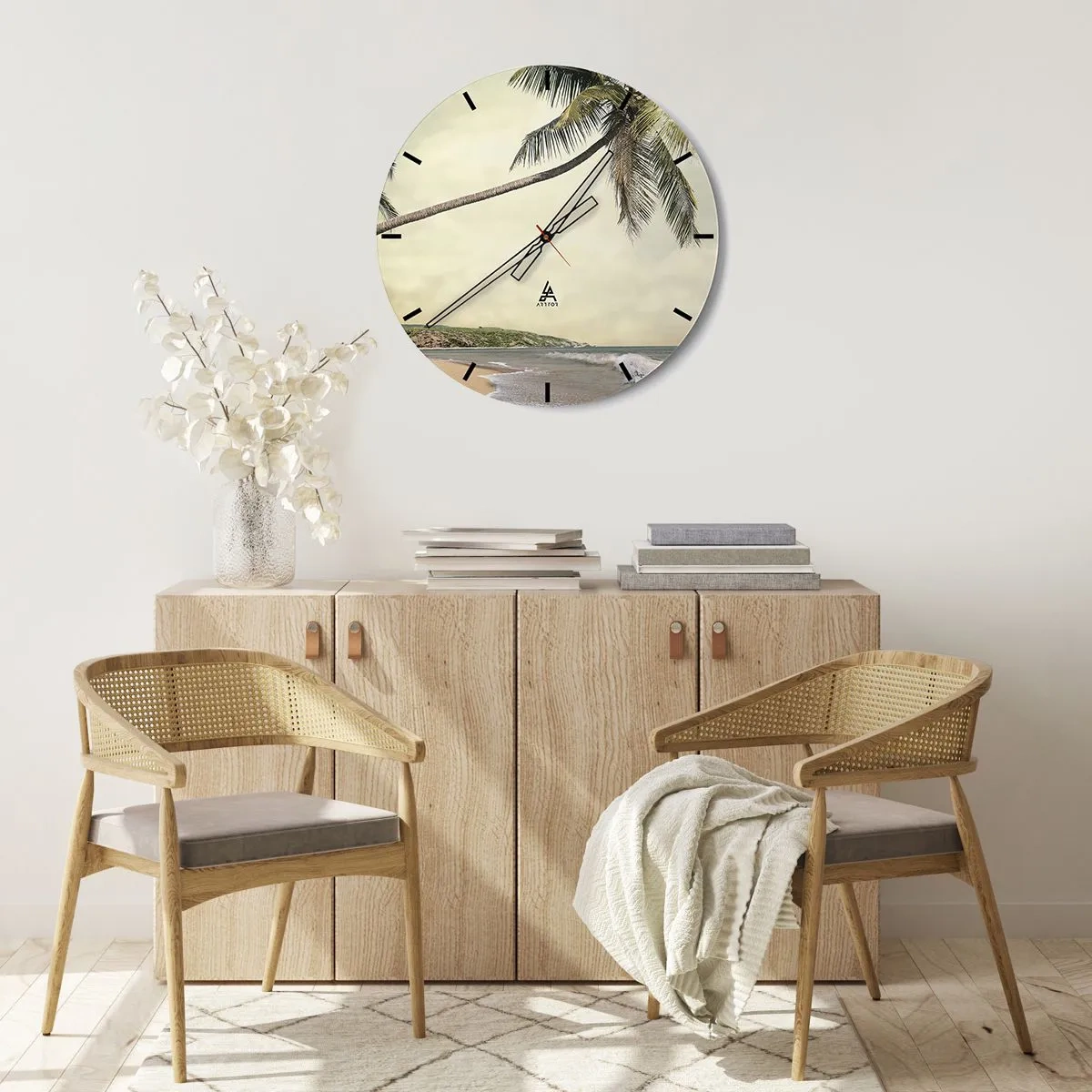 Relógio de parede - Relógio em vidro - Palmeiras com o pano de fundo de uma praia tropical - 30x30cm - Sonho tropical - Decoração de parede moderna para a sala de estar, cozinha e quarto ARTTOR