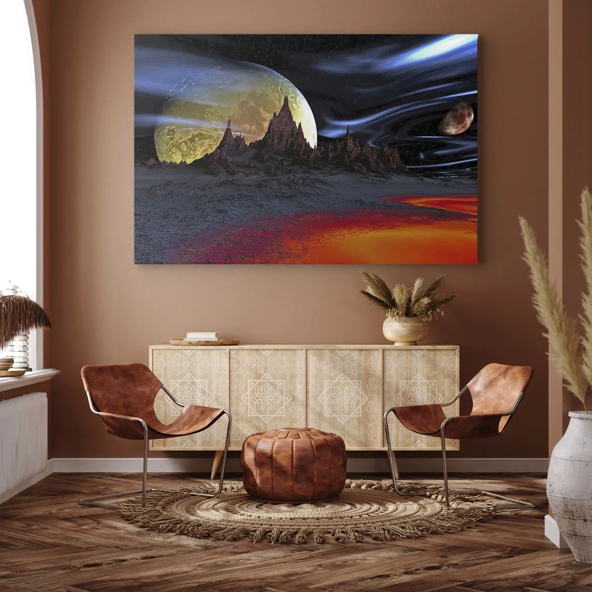 Quadro em tela - Uma paisagem fantástica com planetas e paisagens vulcânicas - 70x50cm - Mundo desconhecido - Decoração de parede moderna para a sala de estar e quarto ARTTOR