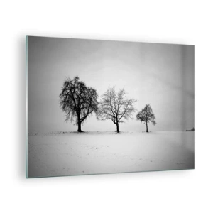 Quadro em vidro - Três árvores solitárias em uma área coberta de neve - 70x50cm - Com que sonham elas? - Decoração de parede moderna para a sala de estar e quarto ARTTOR