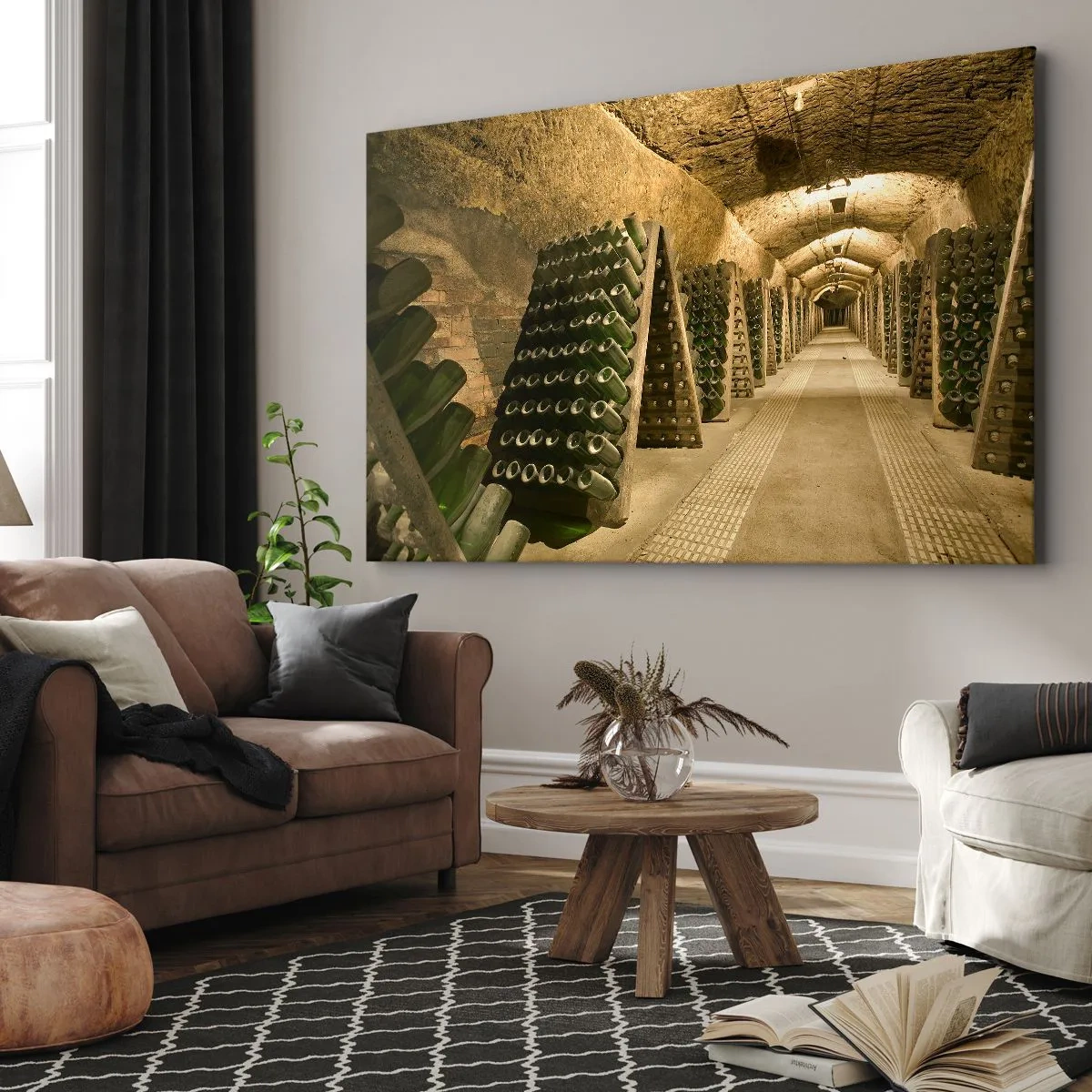 Quadro em tela - Um vinhedo com uma adega cheia de garrafas de vinho expostas em prateleiras de madeira. - 70x50cm - O nascimento do sabor - Decoração de parede moderna para a sala de estar e quarto ARTTOR