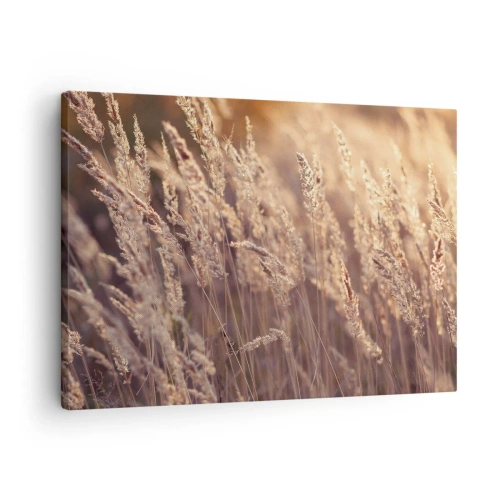 Quadro em tela - Gramíneas douradas contra o pano de fundo do pôr do sol - 70x50cm - Pronto para receber o outono - Decoração de parede moderna para a sala de estar e quarto ARTTOR