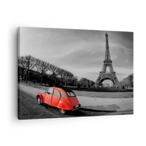 Quadro em tela - Um carro vermelho com a Torre Eiffel ao fundo em uma paisagem em preto e branco - 70x50cm - Mais parisiense do que Paris - Decoração de parede moderna para a sala de estar e quarto ARTTOR