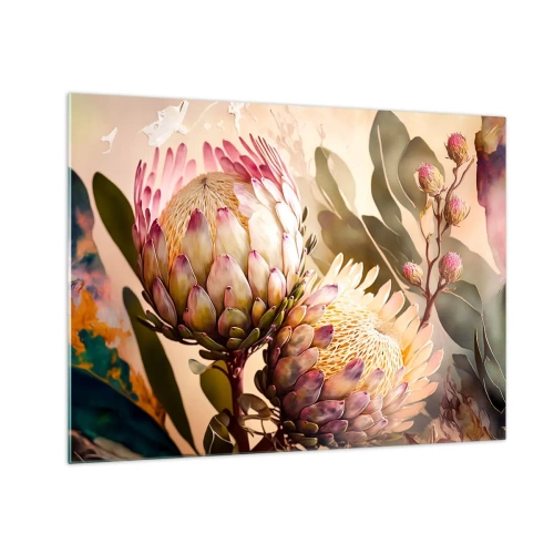 Quadro em vidro - Flores de protea em tons quentes e luz suave - 70x50cm - Abraçado com ternura - Decoração de parede moderna para a sala de estar e quarto ARTTOR