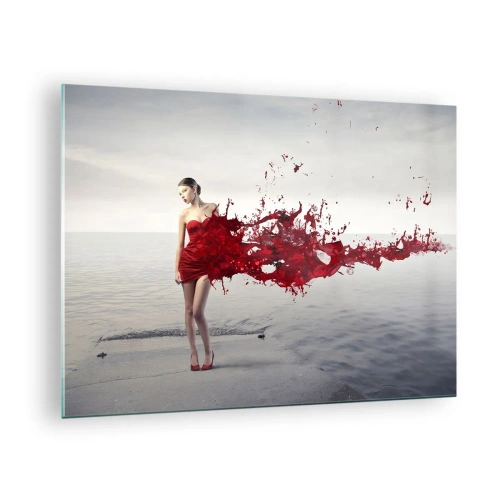 Quadro em vidro - A figura de uma mulher com um vestido vermelho contra o fundo do mar - 70x50cm - Intensa como escarlate - Decoração de parede moderna para a sala de estar e quarto ARTTOR