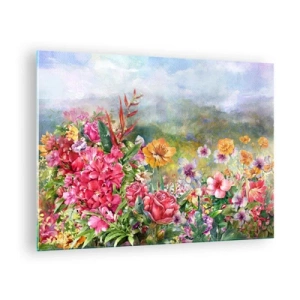 Quadro em vidro - Um buquê de flores coloridas em uma paisagem pitoresca - 70x50cm - O jardim que enlouqueceu - Decoração de parede moderna para a sala de estar e quarto ARTTOR